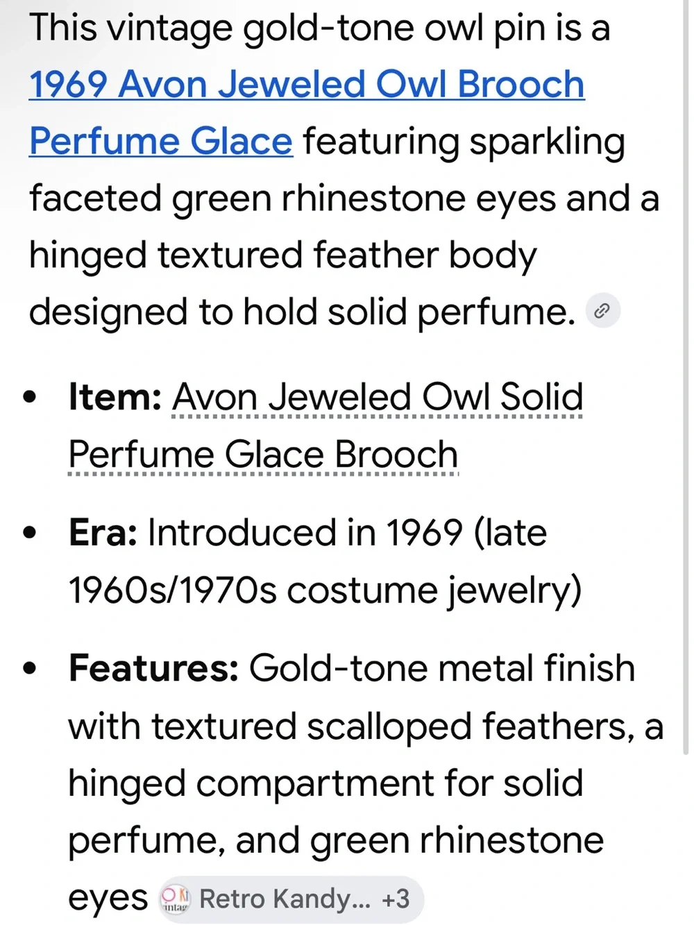 Vintage Avon Gold Tone Owl Brooch Perfume Glacé green rhinestone eyes pin